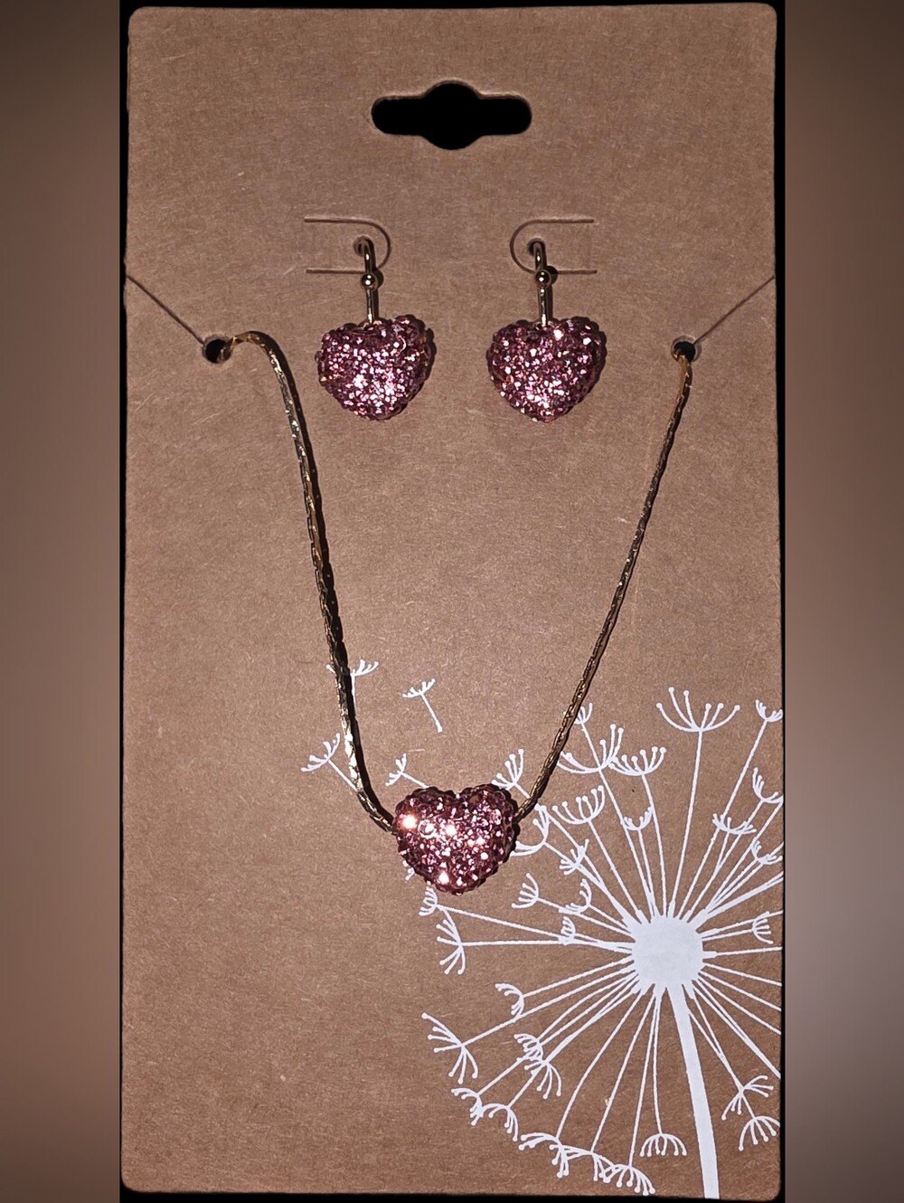 Pink Glitter Heart Necklace & Earring Set
